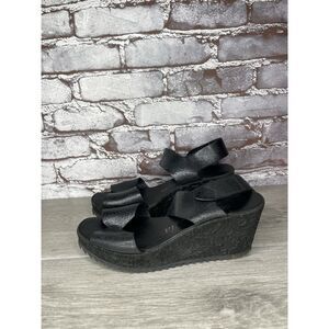Pedro Garcia Black Leather Platform Suede Wedge Ankle Strap Sandals Women 37.5EU